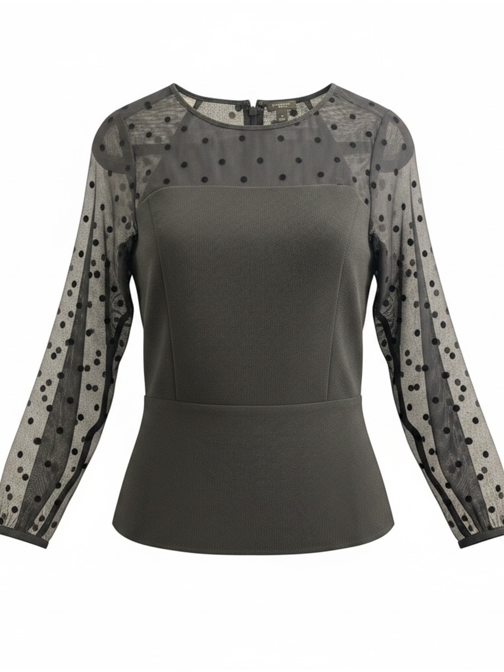 Ann Taylor Black Polka Dot Mesh Sleeve Peplum Top